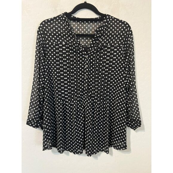Women Black White Sheer Polka Dot Lined Blouse Mandarin Collar Sz 1X - Picture 1 of 6